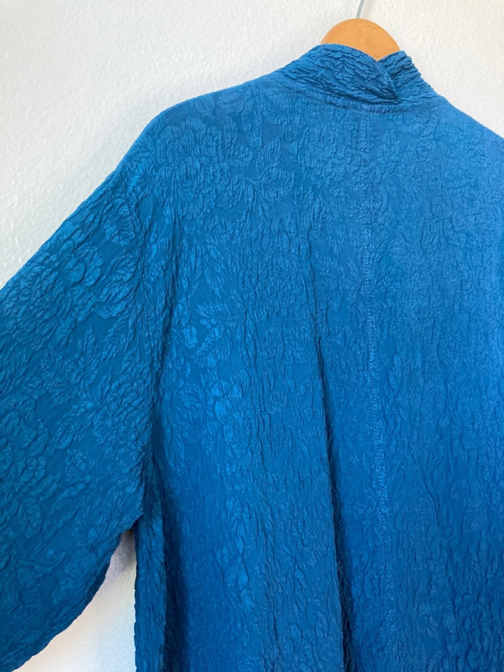 Vintage 90s URU Dark Teal Silk Textured Floral Tunic Jacket Artsy Global 2 M/L - Picture 6 of 11